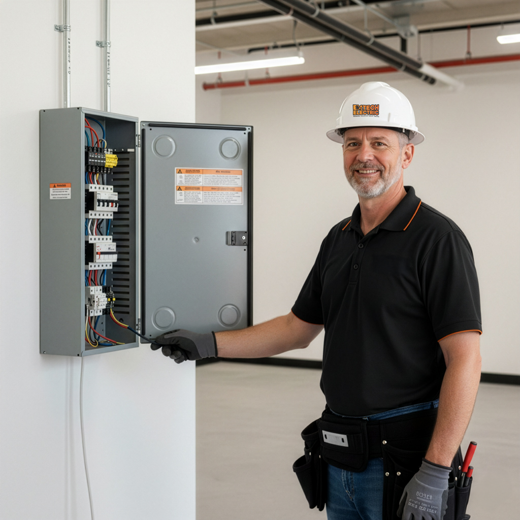 Emtech Electric commercial electrician at a panel
